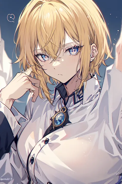 초상화, Face_through_torso, arcanepunk, 1male character, Solo, royalty(prince), light blonde hair(short hair, messy, layered, tousled), benevolent_face(sky_blue_eyes(spade shaped_pupils), sharp eyes, half closed_eyes), royal suit