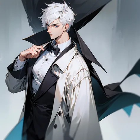 Handsome and masculine adult, with a gallant and elegant bearing, with short white hair, square face, Height of 1.90, black eyes and a cold look, dressed in a white t-shirt and a black trench coat on top