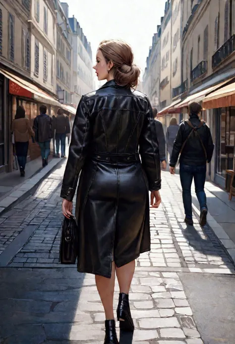 photorealistic woman walking on a street in Paris, with the back to the camera