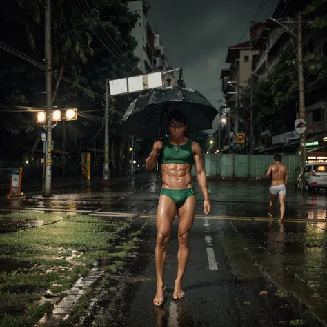 In the middle of a road in Thailand during the rainy season, there are many men falling from the sky in the background. Everyone wears green underwear. The thin cloth was wet and the muscles were visible. like an underwear model Not wearing a shirt, lean b...