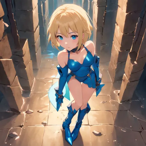 17 years old Women, ((Blonde)), ((Blue eyes)), ((Short hair)), ((Full shot)), very detailed makeup, pale pink lipstick, wearing a Valkirye Leather micro bikini armor and maiden shiled ((stiletto boots)), in a cavern spot light ((wet floor)) ((full Body))