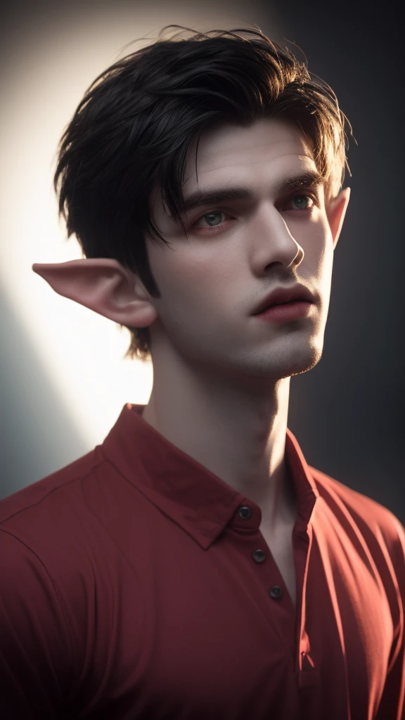 a close up of a boy with red shirt, elf ears, pale skin, vampire prince, highly detailed, 8k, photorealistic, realistic lighting, cinematic, dramatic, dark fantasy, chiaroscuro, dramatic lighting, moody, dark colors