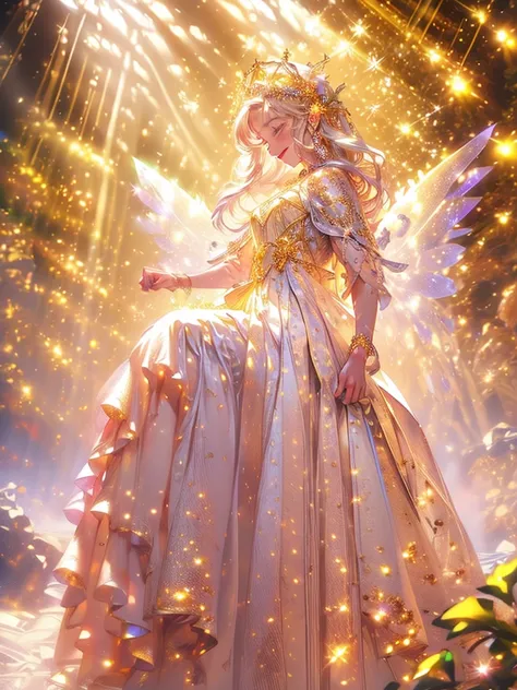 (((obra-prima))), ((melhor qualidade)), (super detalhe), cinematiclight, Colorful fairy in the middle of a snow-white scenery being illuminated by a beam of sunlight shining her body with a cheerful and amused mood, staring blankly at the viewer, inviting ...