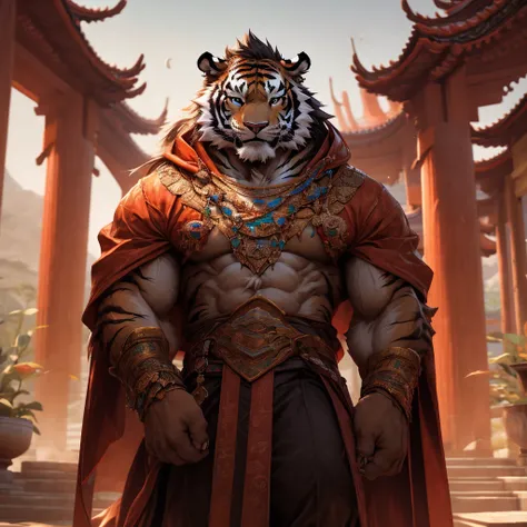 a muscular tiger in a long robe, standing on a floating island in the sky, a taoist monastery in the background, traditional chinese architecture, wuxia, fantasy, cinematic lighting, dramatic pose, (best quality,4K,8k,highres,masterpiece:1.2),ultra-detaile...