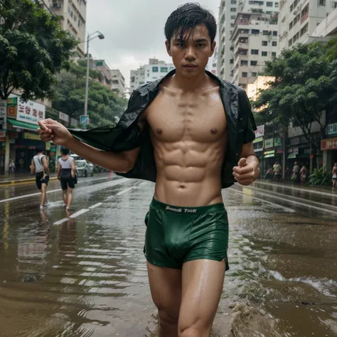 In the middle of the road in Thailand during the rainy season, there is a young man. Six half-Thai and half-Hong Kong people are falling from the sky in the background. Everyone wears green underwear. The thin cloth was wet and the muscles were visible. li...