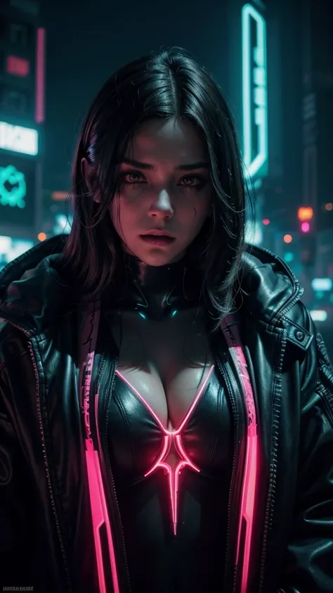 a beautiful cyberpunk girl, detailed facial features, neon cyberpunk outfit, glowing neon cyberpunk cityscape, cthulhu priest, dark fantasy knights, dramatic lighting, cinematic composition, hyper-detailed, 8k, photorealistic, vibrant neon colors, moody at...