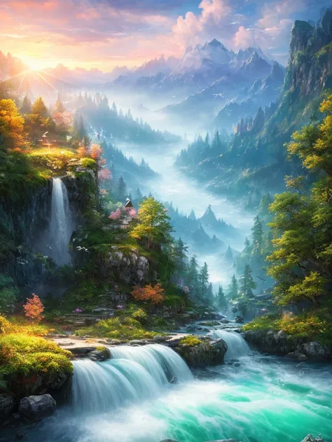 masterpiece, 最high quality, high quality,Very detailed CG unity 8k wallpaper, Enchanting and dreamy fantasy forest scenery, Seven-Colored Garden, Valley of the Fairies with a River Flowing Through It, Mysterious and fascinating, Sky Blue Sky, White dove fl...