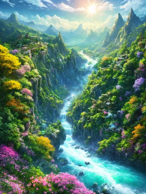 masterpiece, 最high quality, high quality,Very detailed CG unity 8k wallpaper, Enchanting and dreamy fantasy forest scenery, Seven-Colored Garden, Valley of the Fairies with a River Flowing Through It, Mysterious and fascinating, Sky Blue Sky, White dove fl...