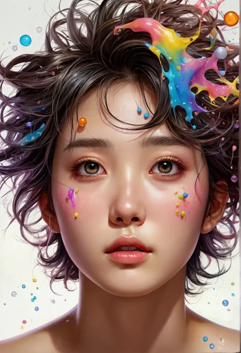 Xingqiu (masterpiece), (Best Quality), (ultra detailed),(messy hair),(illustration), (1 chico), beautiful detailed eyes,beautiful and delicate face,floating,(high saturation),(colorful splashes),colorful bubble,(bright),Focus on face, unclothed