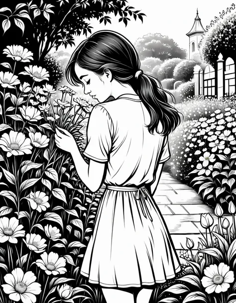 Young lady sad and crying in beautiful garden picking flowers, view from behind, black and white, outlines only,  line art, vector, black background, vector art, crisp white fill, coloring book page