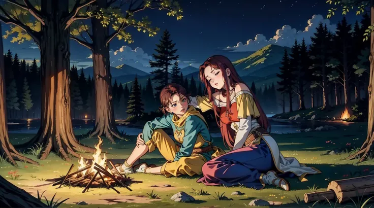 night　Medieval fantasy world　Adventurer　bonfire　sleep　woman　lean on a tree