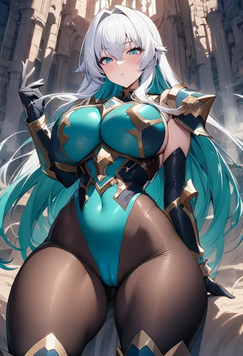 ((highest quality)), ((masterpiece)), (Western-style castle), 1girl, ((curvy)), ((skindantation: 1.2)), perfect face, ((Langrisser)), (black paladin), ((skin-tight turquoise green leotard: 1.4)), ((breastplate)), ((skin-tight black Investigator Bodystockin...