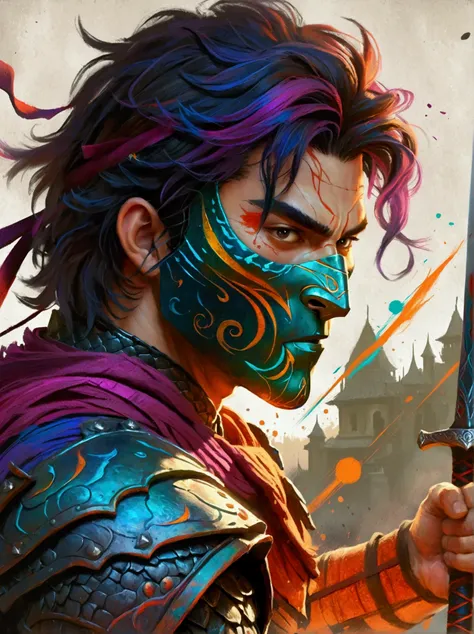 A character reminiscent of a fantasy gameplay warrior with vibrant and bold colors as if drawn with crayons. The warrior exhibits dynamic movement and intensity. He wears a mask and wields a sword demonstrating the juggling action found in many video games...