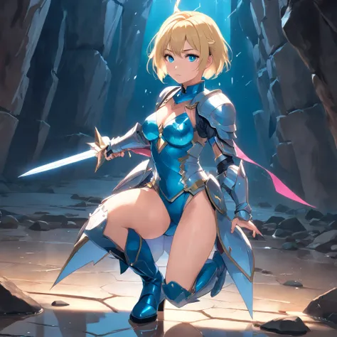 17 years old Women, ((Blonde)), ((Blue eyes)), ((Short hair)), ((Full shot)), very detailed makeup, pale pink lipstick, Dressed in Valkyrie armor with a micro bikini and a round shield in her hand ((stiletto boots)), in a dark cavern  ((wet floor)) ((full ...