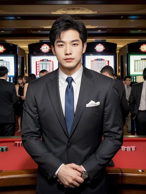 front view , 1 boy , solo , chinese cutey boy, 20 age-old, (black hair,  morning  suit, suit fission ) ,tramp game is porker, lo...