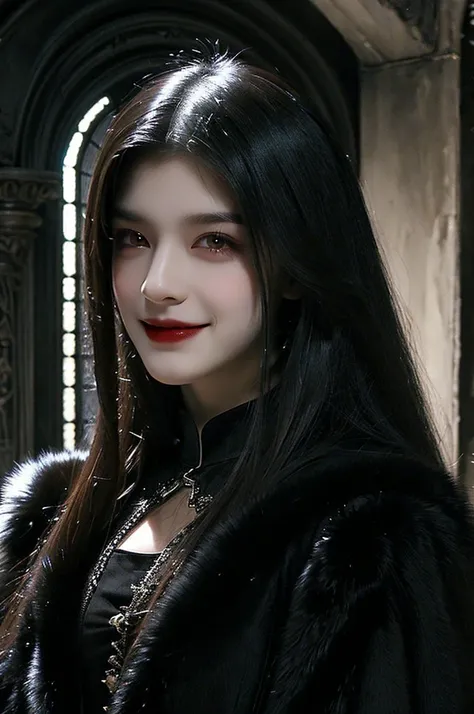 Gothic, vampires, fur armor, castle, black hair, young face, smile, female character, high detail of objects, gloomy environment, horror style