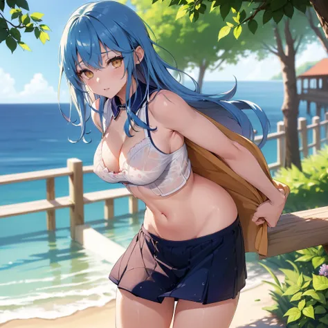 ((Clothing wetness: 1.4)), ((Underwear visible)), (Sailor suit), (Sheer skirt), Sunny blue sky, beach, (Perfect hands), (Perfect anatomy), (Perfect body structure ), ((2 arms)), ((2 legs)), ((Masterpiece, Best quality, High resolution, Ultra high resolutio...