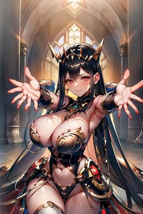 ((((((outstretched hands, out stretched fingers, outstretched arms)))))) black hair, bare shoulder, red eyes, very long hair, cleavage, large breasts, dress, showgirl skirt, high-leg, cleavage cutout, tiara, bare thighs, gauntlets, bare shoulder, bare nail...