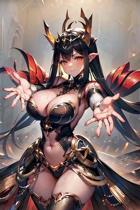 ((((((outstretched hands, out stretched fingers, outstretched arms)))))) black hair, bare shoulder, red eyes, very long hair, cleavage, large breasts, dress, showgirl skirt, high-leg, cleavage cutout, tiara, bare thighs, gauntlets, bare shoulder, bare nail...