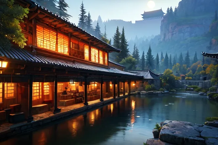 (beautiful ancient chinese architecture, moonlight flickers, lakes at night, in the shade of bamboo forests, stone bridge arches...