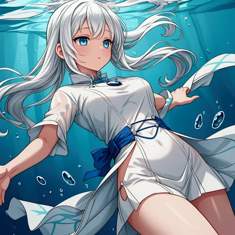 girl floating underwater, she looks at the water surface, white hair, side perspective,