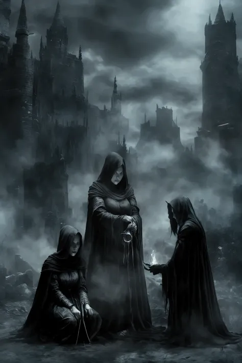 Three Cloaked Witches around a steaming big cauldron, 1 Witch standing with arms open, 2 other witches on knees, kneeling, (Macbeth) beautieful, creepy, dark fantasy, medieval, battlefield, fantasy artwork, high detailed, 4k, masterpiece, realism,