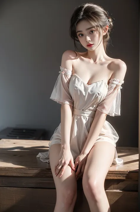 see-through,bare shoulders ((1 girl, elegant posture)), natural leg proportions, visible cleavage, masterpiece, (best quality, 4...