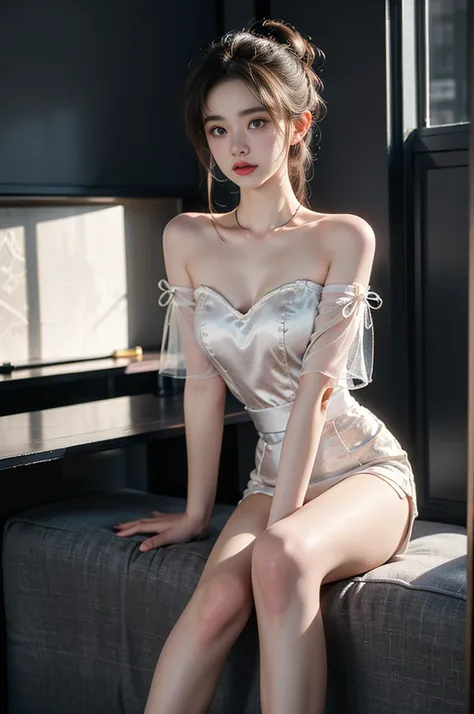 see-through,bare shoulders ((1 girl, elegant posture)), natural leg proportions, visible cleavage, masterpiece, (best quality, 4...