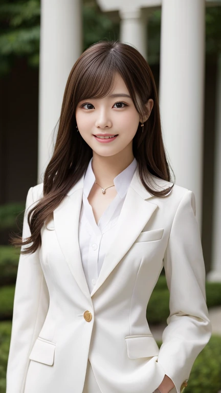 High resolution, Very detailed, Realistic, Beautiful Japanese Girl, Very detailed美しい顔, Medium Hair, A light smile, Formal suit