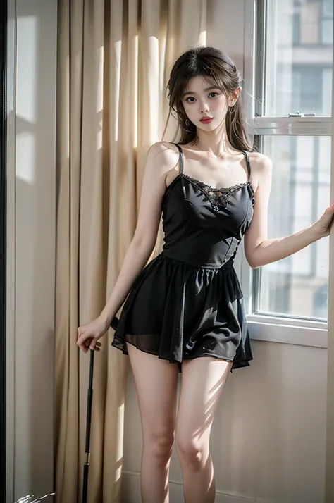 dark dress ((1 girl, Elegant posture)), Natural leg proportions, Visible cleavage, masterpiece, (best quality, 4K, 8K, high resolution, masterpiece:1.2), Extremely detailed, (Practical, photoPractical, photo-Practical:1.37), Official Art, CG, Anatomically ...