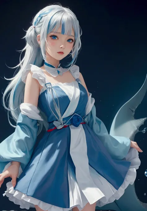 ultra-detailed, highly detailed, best quality, masterpiece, illustration, 
 a girl in a blue dress with white hair and blue eyes...