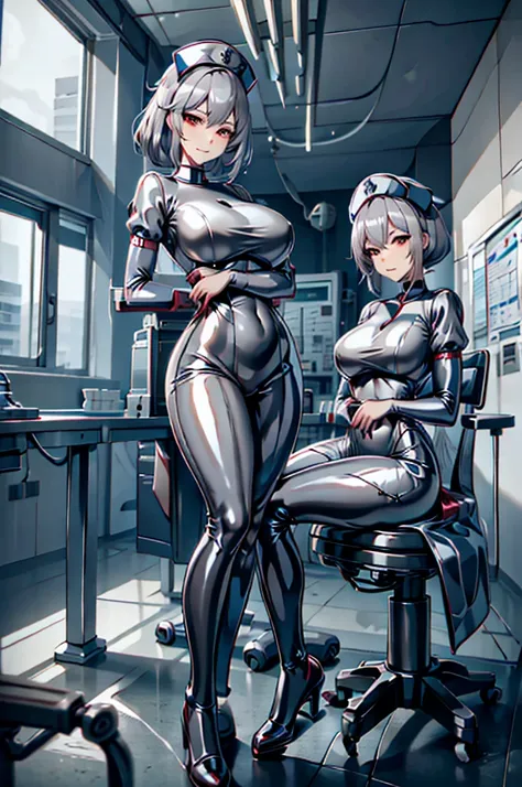 nurse uniform,hospital, latex nurse suit,nurses,busty,elbow gloves,labcoat,grey hair woman,red eyes , gigantic ,medical instrume...