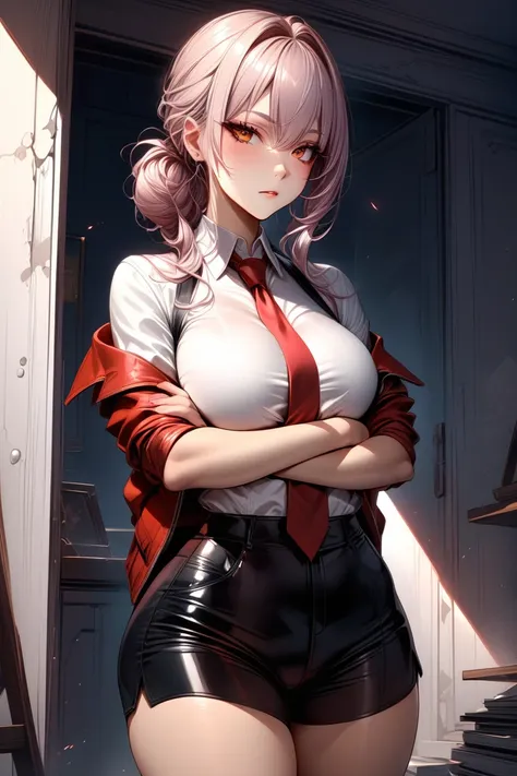 masterpiece, best quality, rating: general, solo, 1girl, makise kurisu, expressionless, crossed arms, jacket, off shoulder, coll...