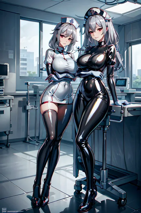 nurse uniform,hospital, latex nurse suit,nurses,busty,elbow gloves,labcoat,grey hair woman,red eyes , gigantic ,medical instrume...