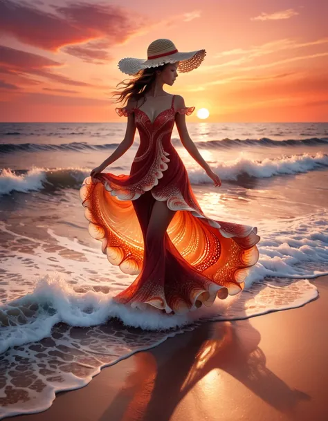 
A girl walking on the sea, waves in the fractal of dancing partners, Levy curves, dress made of shells, straw hat, red tones like sunset