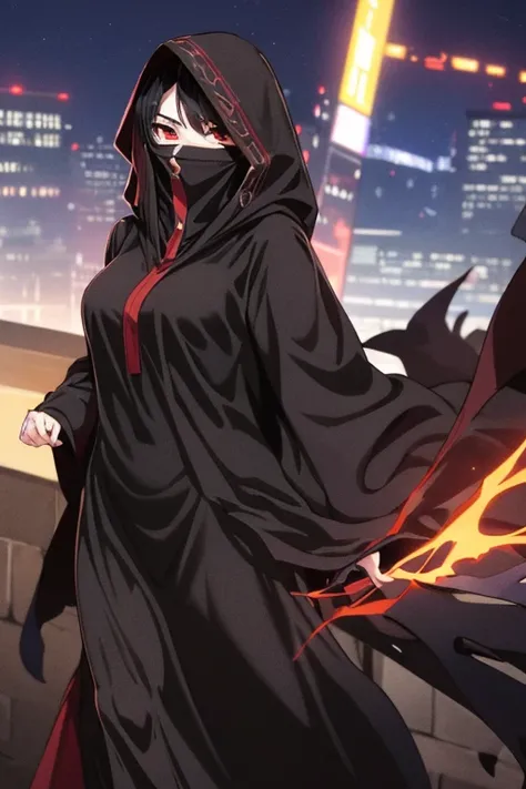 NNAssassinFSF, 1girl, solo, median breasts, black hair, red eyes, long sleeves, dress, hood, long skirt, black dress, cape, black cloak, hood up, black robe, covered mouth, hooded cloak, ((masterpiece,best quality)) city, night