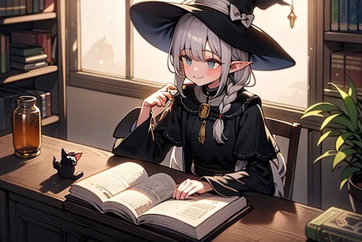 1girl, solo, long hair, smile, bangs, long sleeves, hat, dress, black dress, holding, green eyes, braid, flower, white hair, grey hair, pointy ears, indoors, wide sleeves, white apron, twin braids, cup, book, window, bell, witch hat, animal, table, cat, bo...