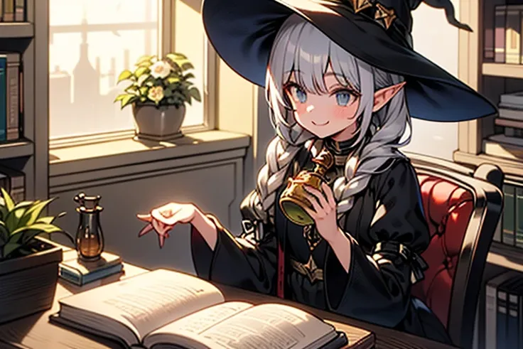 1girl, solo, long hair, smile, bangs, long sleeves, hat, dress, black dress, holding, green eyes, braid, flower, white hair, grey hair, pointy ears, indoors, wide sleeves, white apron, twin braids, cup, book, window, bell, witch hat, animal, table, cat, bo...