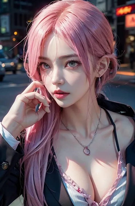 Cool women、sexy、Center of chest、Rize from Chainsaw Man、beauty、Yandere、、Face close-up、Chest tattoo、suit、necklace、(look up)、(Pink Hair)、).((Save face image))、((city)).