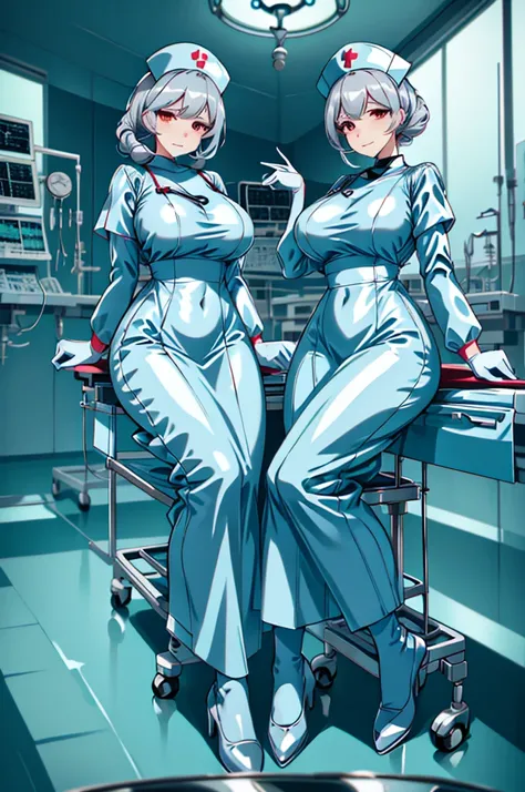 nurse uniform,hospital, latex nurse suit,nurses,busty,elbow gloves,labcoat,grey hair woman,red eyes , gigantic ,medical instruments,asian nurse,two nurses,speculum,examination room,oversize ,big ass ,strap on, lay on table ,legs spreaded,giving birth,gyno ...