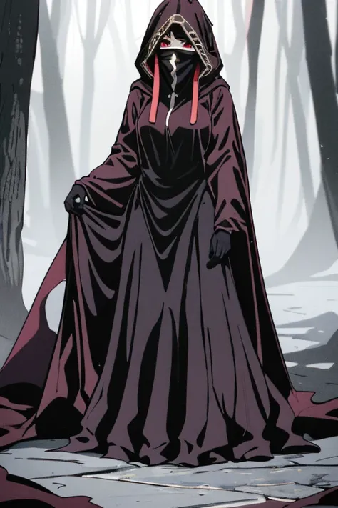 NNAssassinFSF, 1girl, solo, median breasts, black hair, red eyes, long sleeves, dress, hood, long skirt, black dress, cape, black cloak, hood up, black robe, covered mouth, hooded cloak, ((masterpiece,best quality)) forest, day, standing. White gloves 