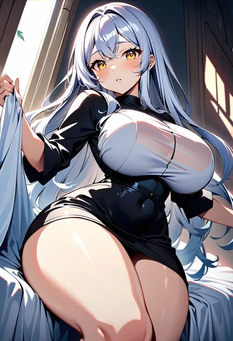 One girl, long hair, rather large breasts, (somewhat large breasts:1.4), thick thighs, (thick thighs:1.2), silver hair, golden eyes, (best quality, 8K, 32K, masterpiece, super high resolution,:1.2), born, one girl, insanely cute, natural light, clear, spar...