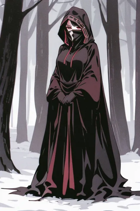 NNAssassinFSF, 1girl, solo, median breasts, black hair, red eyes, long skirt, black robe , cape, black cloak, hood up, black robe, covered mouth, hooded cloak, ((masterpiece,best quality)) forest, day, standing. White gloves 