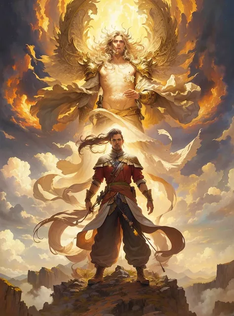 A painting，A man standing on a mountain top，There&#39;s a fireball in the sky, author：Yang J, Anime epic artwork, peter Morbacher. Unreal Engine, Onmyoji detailed art, heise jinyao, Anime Fantasy Artwork, Anime fantasy illustration, Morbacher, 2. 5 d cgi A...