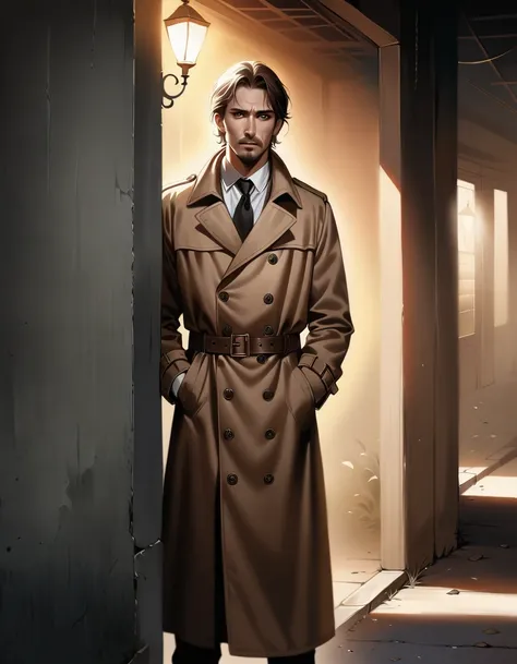 In a gritty, dimly-lit alleyway, a rugged middle-aged detective, sporting a scruffy beard and rumpled trench coat, stands tall, his worn eyes locked in a charged stare with the sultry femme fatale. Her porcelain skin glows like alabaster in the faint light...