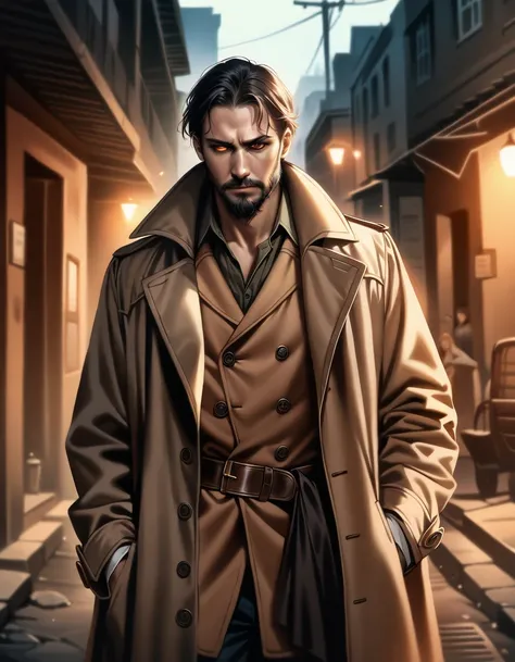 In a gritty, dimly-lit alleyway, a rugged middle-aged detective, sporting a scruffy beard and rumpled trench coat, stands tall, his worn eyes locked in a charged stare with the sultry femme fatale. Her porcelain skin glows like alabaster in the faint light...