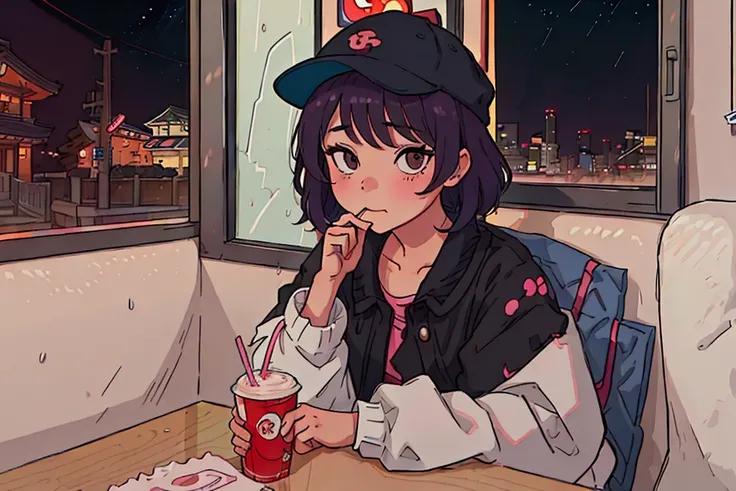 Create a scene of a 16-year-old girl wearing a hat drinking juice at a fast food restaurant.,A lonely look,citypop, Short black hair,Wearing a baseball cap , and through the window you can see fireflies and a beautiful landscape full of stars 夜に, Character...