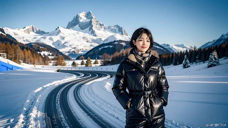 In snowy Switzerland, middle metaverse, with short hair, 3~Female model in her 40s, 4 thousand ], 4K], 37 year old Korean woman, Inspired by movie star Kim Ji-won, View of the snowy landscape of Jungfrau, Switzerland. padded jacket, casual pants. thick muf...