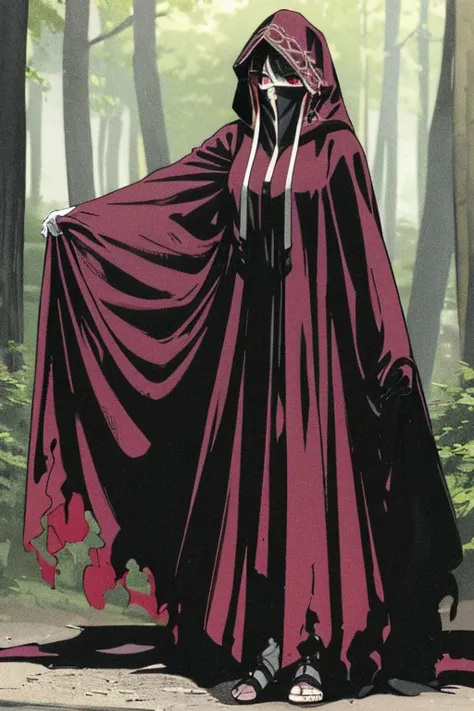 NNAssassinFSF, 1girl, solo, median breasts, black hair, red eyes, long skirt, black robe , cape, black cloak, hood up, black robe, covered mouth, hooded cloak, ((masterpiece,best quality)) forest, day, standing. White gloves 