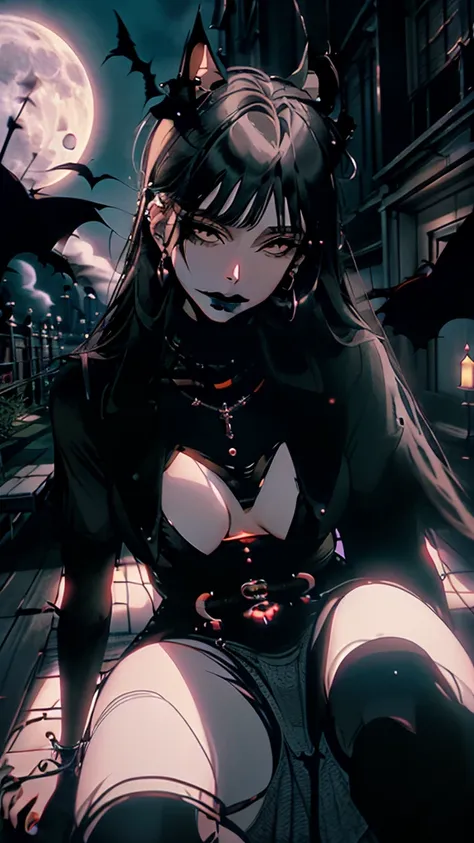 a woman sitting on a chair with bats around her head and a full moon behind her, with bats flying overhead, Chizuko Yoshida, anime art, a character portrait, gothic art, noisy